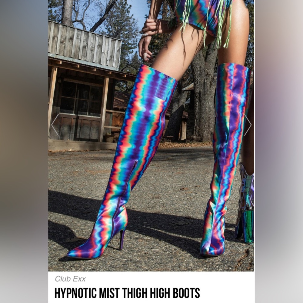 Dolls Kill, Club Exx. Hypnotic Mist Tie Dye thigh high boots in size 6